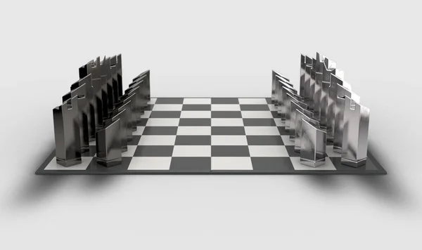 Minimalist Metal Chess Set Setup Begin Checkered Board Isolated White — Stock Photo, Image