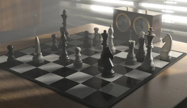 Une Installation Complète Jeu Échecs Sur Une Table Avec Des — Photo