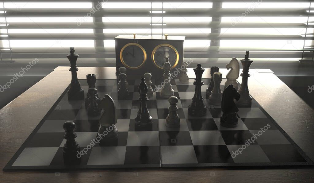 A completed chess game setup on a table with opposing chairs in a dark room backlit by a bright window light - 3D render