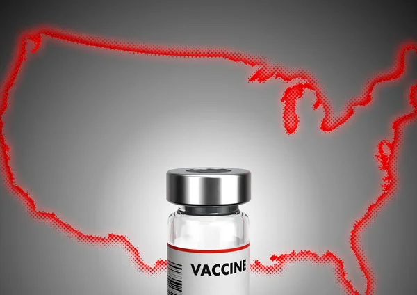Una Bottiglia Vaccino Covid Una Superficie Riflettente Con Contorno Degli — Foto Stock