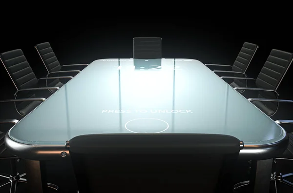 照明付きスマートフォンのモバイルテーブルの周りで会議のために招集された役員室の椅子の配列を示す現代的な概念 3Dレンダリング — ストック写真
