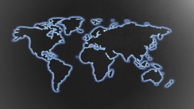 Siyah desenli arka planda parlayan mavi yarım ton kenarlı düz bir dünya haritası - 3D görüntüleyici