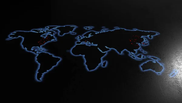 Płaska Mapa Świata Świecącymi Niebieskimi Krawędziami Półtonowymi Czarnym Teksturowanym Tle — Zdjęcie stockowe