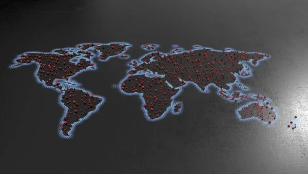 Platt Världskarta Med Glödande Blå Halftonkanter Svart Strukturerad Bakgrund Som — Stockfoto