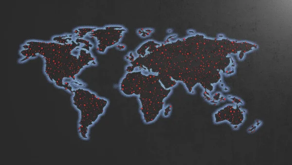 Platt Världskarta Med Glödande Blå Halftonkanter Svart Strukturerad Bakgrund Som — Stockfoto