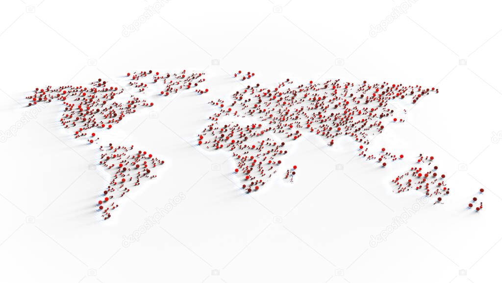 A flat world map with halftone edges on a white textured background showing red corona virus particles distributed across the world - 3D render