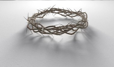 Branches of thorns woven into a crown depicting the crucifixion casting a shadow on isolated white background - 3D render clipart