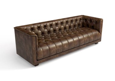 İzole edilmiş beyaz stüdyo arka planında uzun, lüks bir deri kanepe.