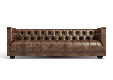 İzole edilmiş beyaz stüdyo arka planında uzun, lüks bir deri kanepe.