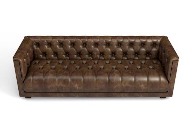 İzole edilmiş beyaz stüdyo arka planında uzun, lüks bir deri kanepe.