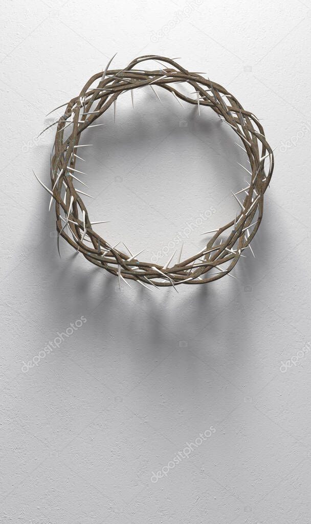 Branches of thorns woven into a crown depicting the crucifixion casting a shadow on isolated white background - 3D render