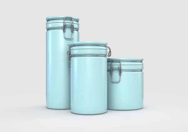 A collection of blue ceramic kitchen storage containers with wire closing mechanisms on an isolated white studio background - 3D render