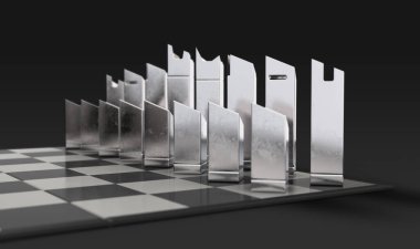 Damalı tahta ve izole edilmiş beyaz stüdyo arkaplanı üzerine kurulmuş minimalist bir metal satranç seti - 3D