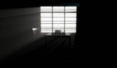 Karanlık bir odada karşıt sandalyelerin olduğu bir masada tamamlanmış bir satranç oyunu. Parlak bir pencere ışığıyla aydınlatılmış.