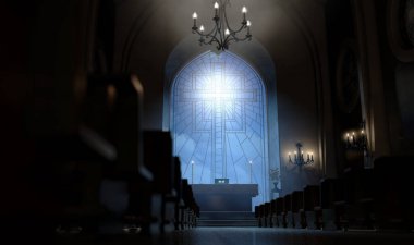 Güneş ışınlarıyla aydınlatılan karanlık bir kilise. Sunağı yakan, haçlı cam bir pencereden. Üç boyutlu.
