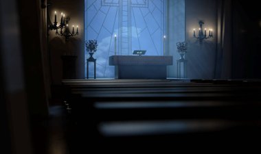 Güneş ışınlarıyla aydınlatılan karanlık bir kilise. Sunağı yakan, haçlı cam bir pencereden. Üç boyutlu.