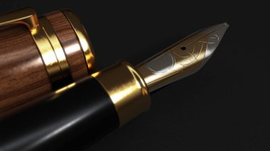 Koyu desenli kağıt bir yüzey üzerinde ahşap ve altınla işlenmiş süslü modern bir dolmakalem.