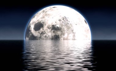 Gece ufukta dolunay yükselen sakin sulara bakmak - 3D görüntüleme