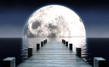 A wooden boat jetty jutting out across calm water with a full moon rising on the horizon at night - 3D render clipart