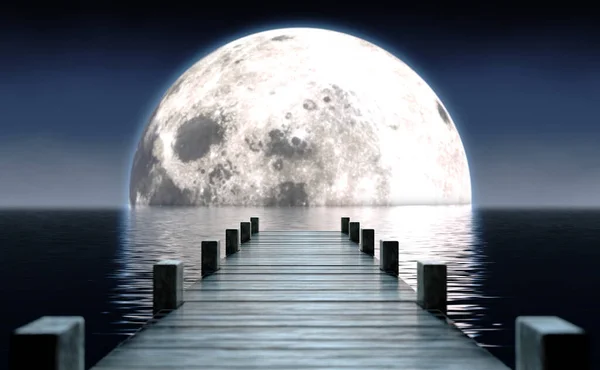 Wooden Boat Jetty Jutting Out Calm Water Full Moon Rising — Stock Photo, Image