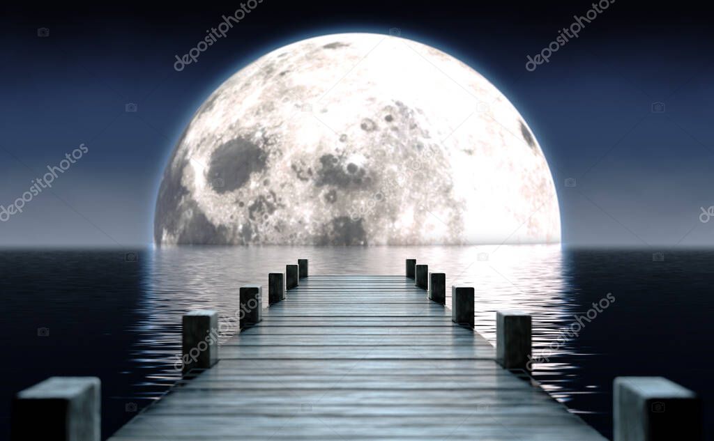A wooden boat jetty jutting out across calm water with a full moon rising on the horizon at night - 3D render