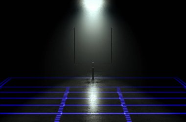 Yansıtıcı beton bir Amerikan futbol sahasında tek bir bal peteği spot ışıklarıyla aydınlatılmış mavi çizgileri olan bir direği gösteren bir konsept.