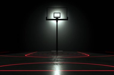 Yansıtıcı beton bir basketbol sahasında tek bir bal peteği spot ışıklarıyla aydınlatılmış kırmızı çizgileri olan bir çemberi gösteren bir konsept.