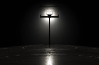 Yansıtıcı beton kaplı bir basketbol sahasındaki çemberi tek bir bal peteği projektörüyle aydınlatan bir konsept - 3D