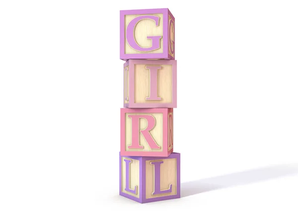 在一个孤立的白色工作室背景上 用粉色的色调拼凑了一堆木制玩具字母块 用来拼写 这个词 3D渲染 — 图库照片
