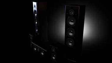 Karanlık bir arka plan üzerine modern bir surround ses hoparlörü düzenleme - 3D görüntüleme