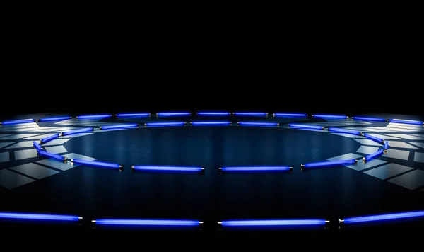 A black reflective stage setting with silver designs lit by a circular arrangement of blue neon fluorescent lights - 3D render