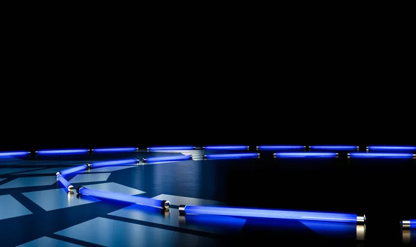 Ein Schwarzes Reflektierendes Bühnenbild Mit Silbernen Designs Beleuchtet Von Einer — Stockfoto