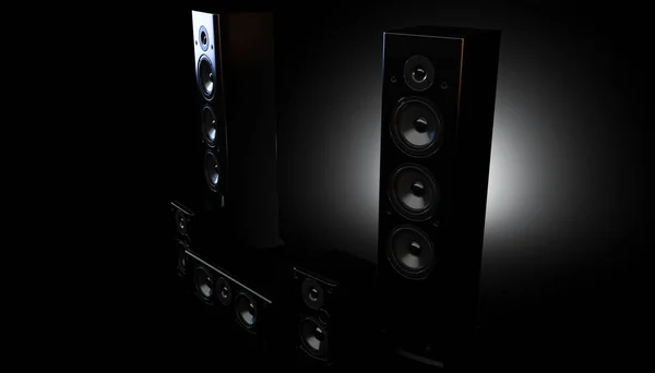 Modern Surround Sound Speaker Arrangment Dark Backlit Studio Background Render — Stock Photo, Image