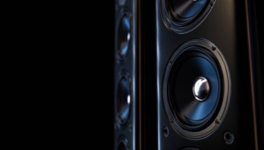 Karanlık bir arka plan üzerine modern bir surround ses hoparlörü düzenleme - 3D görüntüleme