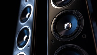 Karanlık bir arka plan üzerine modern bir surround ses hoparlörü düzenleme - 3D görüntüleme