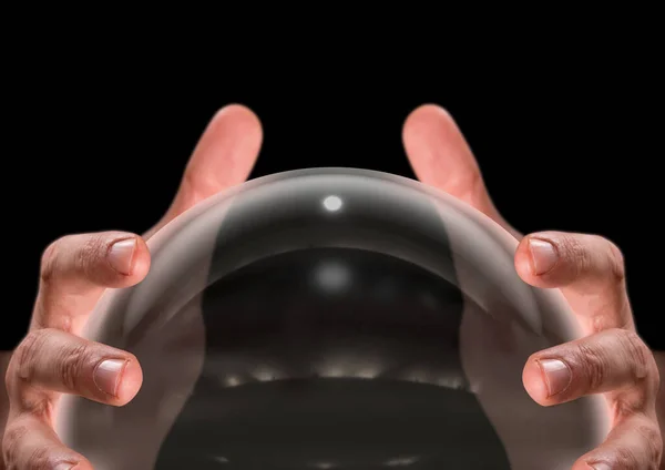 Close Pair Male Hands Surrounding Crystal Ball Isolated Dark Studio — Stock Photo, Image