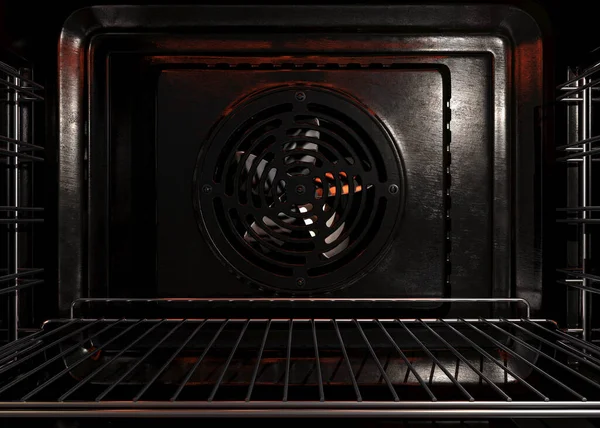 輝く要素と金属製のラックを備えた空の操作可能な家庭用オーブンの内部の概要 3Dレンダリング — ストック写真