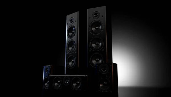 Een Modern Surround Sound Luidsprekerarrangement Een Donkere Achtergrond Van Studio — Stockfoto