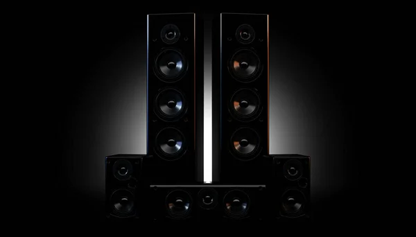 Modern Surround Sound Speaker Arrangment Dark Backlit Studio Background Render — Stock Photo, Image