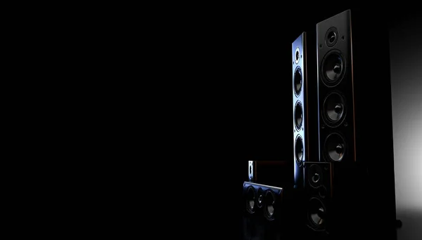 黑暗背光演播室背景上的现代环绕音箱安排 3D渲染 — 图库照片