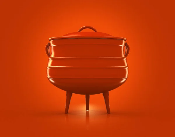オレンジ色の鋳鉄製のジャガイモ鍋と蓋がオレンジを背景に 3Dレンダリング — ストック写真