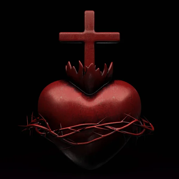 耶稣圣心的一个戏剧性的背光铸铁铸件 在一个孤立的黑色背景上漆成红色 3D渲染 — 图库照片