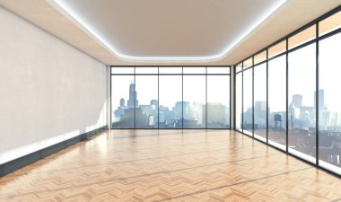 Gün ışığında şehir siluetine bakan boş bir ofisin içi. 3D görüntüleme.