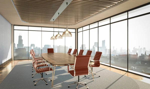 Interior Boardroom Table Surounded Burgundy Colored Chairs Loft Office Daylight — ストック写真