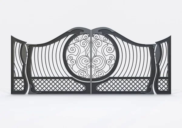 A set of ornate decorative cast iron driveway gates on an isolated white background - 3D render