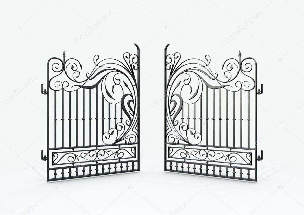 A set of open ornate decorative cast iron driveway gates on an isolated white background - 3D render