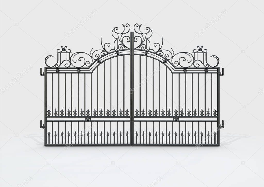 A set of ornate decorative cast iron driveway gates on an isolated white background - 3D render