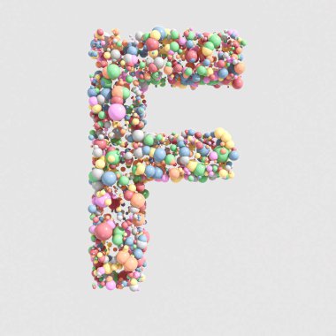 İzole edilmiş bir zemin üzerinde yuvarlak pastel renkli şekerlerden oluşan bir F konsepti.