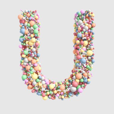 İzole edilmiş bir zemin üzerinde yuvarlak pastel renkli şekerlerden oluşan bir konsept harf U - 3D görüntüleme