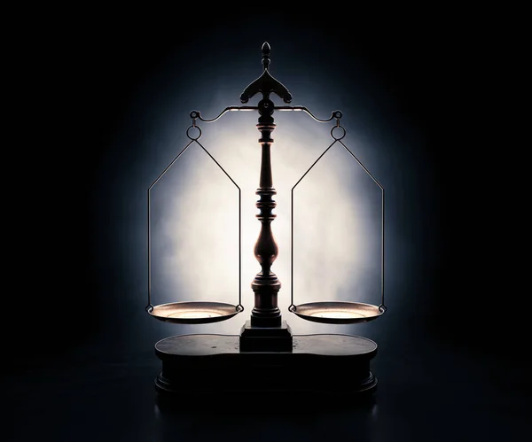 Ornate Brass Justice Scales Wooden Base Backlit Dark Moody Background — Stock Photo, Image